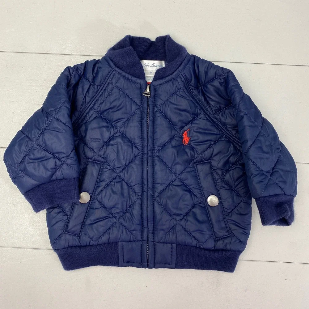 Ralph Lauren Quilted Bomber Jacket Baby Boy 3M Navy Blue Red Pony Zip Up Coat